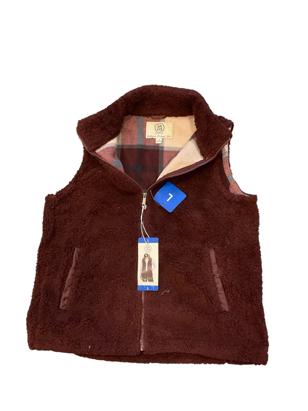Sage Collective Womens Sherpa Fleece Full Zip Vest Burgundy Maroon Plaid Lined L